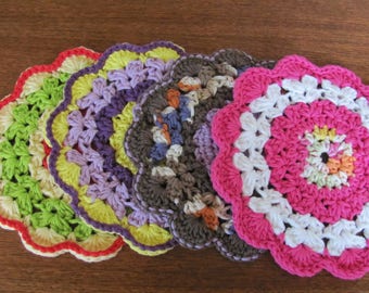 Vintage 70's Multi-Colored Crocheted Pot Holders - set of 4 - 70's Kitchen - Trivet - 70's Potholder - Serving - Hot Plate - 70's Needlework