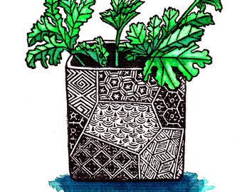House Guest woodcut with watercolor