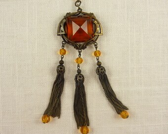 Antique Art Nouveau Brass and Amber Glass Long Necklace