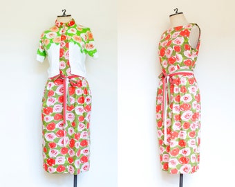 vintage 1950s 1960s Serbin rose printed dress and cardigan | 50s 60s Serbin floral print dress and sweater | M - L