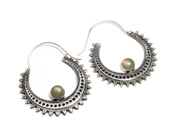 White Brass Labradorite Gemstone Hoop Earrings Tribal Earrings Mandala Jewellery Free UK Delivery Gift Boxed WB51