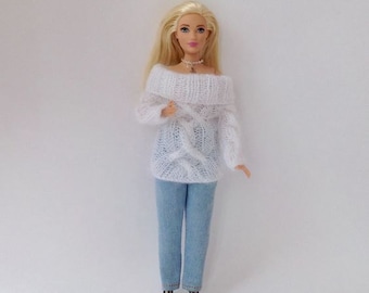 Cable sweater white mohair for Curvy Barbie, Clothes Knitted for doll, Barbie clothes, Barbie outfit in stock and on order, Ready to ship