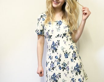 Vintage Floral Dress, 90s Dress, Retro Mini Dress, White Dress, Vintage Dress, S