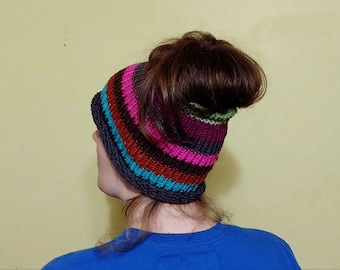 Messy Bun Hat Crochet Knitted Multi Color