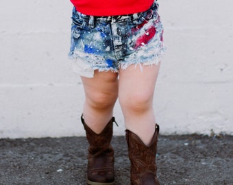 Girls Hand painted distressed denim shorts - "The Messy Merica" - Fourth of july - memorial day - Trendy Toddler and infant - America