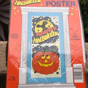 Vintage Halloween Door Poster Black Cat Pumpkin Ghost
