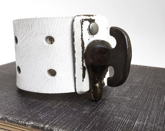 Rustic White Leather Cuff Bracelet Armband with Industrial Hardware, EcoFriendly, Recycled Belt Cuff, Seattle Handmade, Unique Jewelry, OOAK