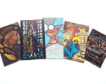 60s - Set of 5 Vintage French Holy Cards - First Mass Souvenir - Look alike Stained Glass Design