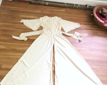Vintage 70s JUMPSUIT | 1970s Hippie Dress Up Angel Bell Sleeve Cream Maxi Onesie | Huge Wide Leg Disco Polyester Bell Bottom Romper Pantsuit