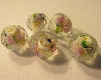 White Faceted Glass Beads with Pink Roses, 12mm, Set of 5