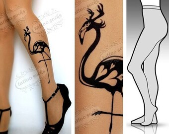 Large/ Extra Large FLAMINGO with horns tattoo tights / stockings/ full length / pantyhose / nylons LIGHT MOCHA
