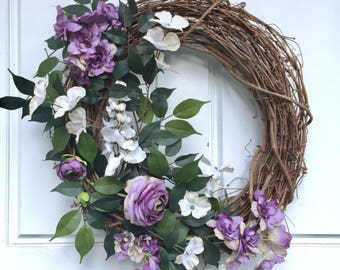 Purple + White | Summer Wreath | Fall Wreath | Greenery Wreath | Grapevine Wreath | Front Door Wreath