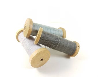 3 set Antique Wooden Machine Bobbins Spool Rustic cotton string wool French Vintage Industrial photography prop, photoprop oak blue grey