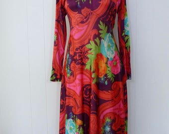 70's Slinky Psychedelic Dress Swirling Rococo Paisley Floral Full Length Long Sleeve Flowing Draped Maxi Skirt M