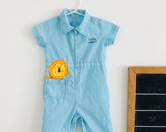 Vintage baby blue romper, 60s baby outfit, 60s little boy outfit, 60s baby romper, collared vintage baby outfit, vintage lion