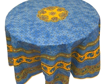 Blue and Yellow Floral Tablecloth, French Country Tablecloth, 70" Round Acrylic Coated Tablecloth