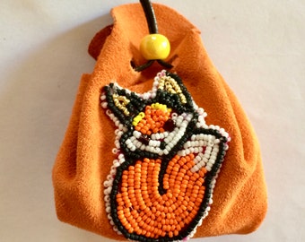 Leather and beads, small leather bag purse