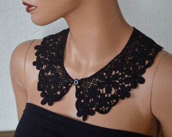 Black Peter Pan Collar, Black Detachable Collar and button, Cotton, Lace Collar, Lace Necklace, Detachable Collar Necklace, gift for her