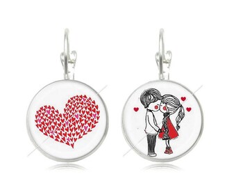 Earrings sleepers lovers heart 18mm cabochons