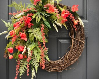Coral Wreath, Spring Door Wreath, Spring Wreaths, Front Door Wreath, Gift for Her, Housewarming, Coral Colors, Spring Door Decor, Door Decor