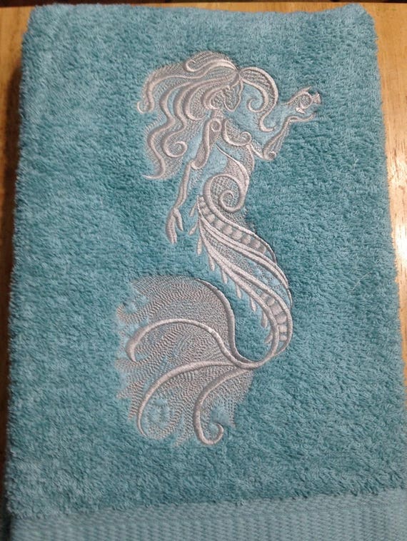 Embroidered Mermaid Bath Towel Set Seafoam