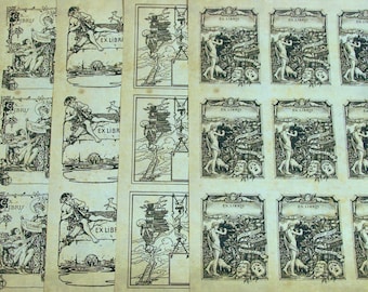 Vintage Style Book Stickers in Medieval Themes on Antique Paper, Ex Libris, Including Skeleton