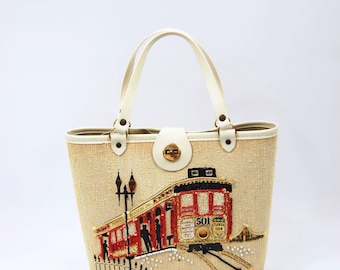 60s San Fran Handbag San Francisco California Trolley Streetcar Powell and Market Novelty Handbag - Jewel Kit Bag - Enid Collins Style Bag