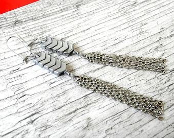Geometric Earrings Silver Chevron Earrings Arrow Earrings Chain Tassel Earrings Shoulder Dusters