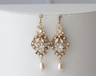 Chandelier Wedding Earrings Antique Gold Bridal Earrings Swarovski Golden Shadow Crystal Pearl Vintage Wedding Jewelry Rustic Charm AMY