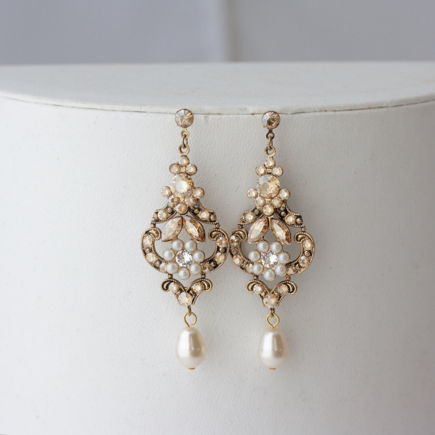 Chandelier Wedding Earrings Antique Gold Bridal Zoom