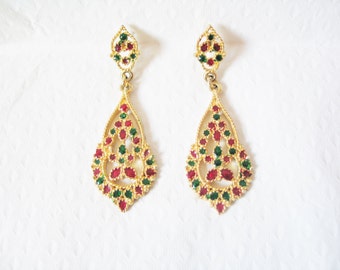 Festive, Christmas coloured bright red, green and yellow gold tone drop pendant statement shoulder duster earrings