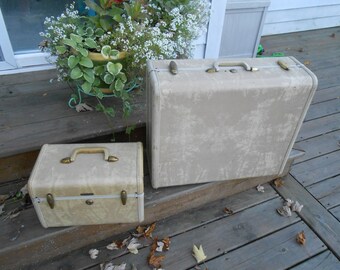 Beautiful set of 40s Cream marbled luggage Two pieces train case and suitcase