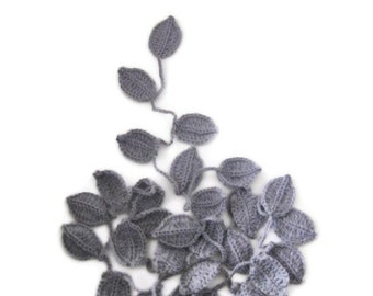 Crochet lariat, scarf, Infinity scarf, with Leaves in Gray, Grey, Necklace, Feminine, Trendy, Spring, Summer, Harvest,