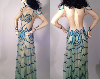 Vintage Burlesque Costume Dress Authentic Exitic Dancer Showgirl Fishnet Metallic Va Va Voom Pin Up