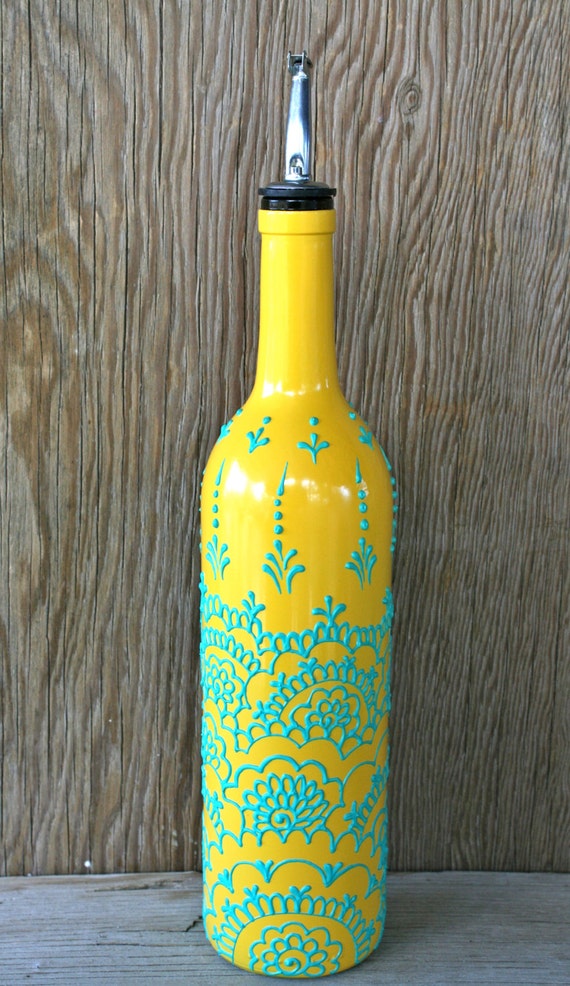 Hand Painted Wine bottle Olive Oil Pourer Sunny Yellow and