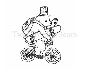 1031 SVG/JPG Cute Bear riding a bicycle with a skateboard Hand Drawing