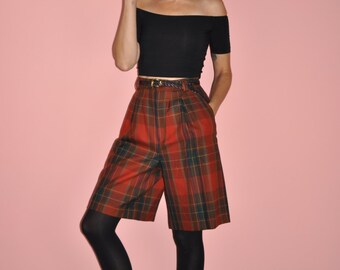 Vintage Plaid Tartan Long Wool Shorts 10