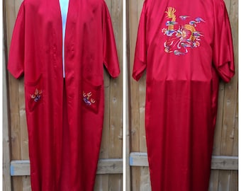 Vintage 1980s Red Hand Embroidered 100% Rayon Kimono Style Dressing Gown / Robe / Kimono made in Hong Kong