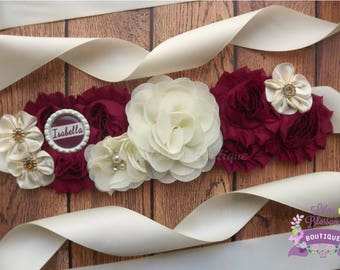 Ivory Burgundy Maternity Sash, Holiday Baby Sash, Christmas Baby Shower, Holiday Maternity Prop, Holiday Pregnancy Sash, Christmas Baby Prop