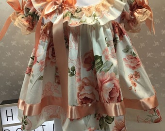 Hannahs Boutique CUSTOM All Sizes Newborn - 2-3 years Baby Girl Peach Floral Traditional Frilly Dress. Easter, Party, Baby Shower. Free p&p
