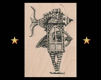 WINDOW FISH Rubber Stamp, Window Rubber Stamp, Fish Stamp, Ocean Stamp, Nature Rubber Stamp, Ocean Gifts, Zentangle Stamp, Steampunk Stamps