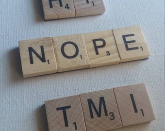 Repurposed/Scrabble tiles/refrigerator/magnet word set/boardgames/upcycled/letters/geeky/nerdy/words/kitchen/fun