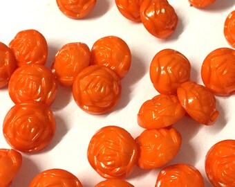 10 orange rose buttons, orange flower buttons, orange buttons, orange shank buttons, craft buttons, sewing buttons, orange floral buttons