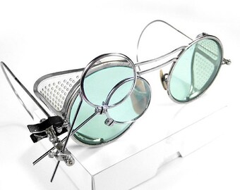 Steampunk Goggles Antique WILLSON AQUA Tinted Lenses, Aviator Goggles, Perforated Side Shields 2 Loupes Burning Man - Goggles by edmdesigns