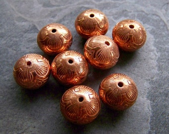 Vintage Beads, Etched Bead, Carved Bead, Lucite Bead, Metallized Bead, Boho Bead, Flower Bead, Tribal Bead, Rondelle Bead, Copper Bead, 10