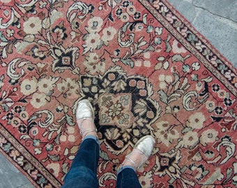 Vintage Rug 6'5" x 4' Mahal Floral Handwoven Wool Low Pile Rug / Rugs 1950's- FREE DOMESTIC SHIPPING