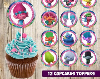 12 Trolls Cupcakes Toppers instant download, Printable Trolls party cupcakes Topper, Trolls toppers Party printable, 2 INCHES