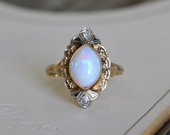 Vintage Opal & Diamond Ring, 14k White and Yellow Gold Victorian Revival, Fine Jewelry, October Birthstone