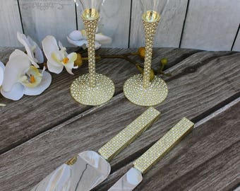FAST SHIPPING!! Gold Swarovski Crystal Wedding toast Set, Champagne Glasses, Weeding Toasting flutes, Cake Knife and Server Set