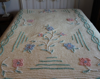 Pale Yellow Floral Chenille Bedspread, Flower Bouquet Design, Vintage, Small Holes & Stains